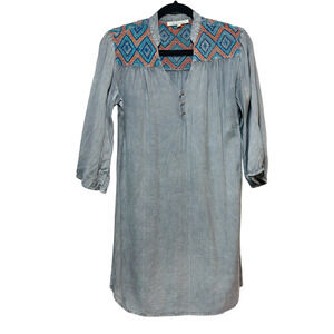 Solitaire 3/4 Sleeve Embroidered V Neck‎ Tunic Dress Gray Women's Size Small